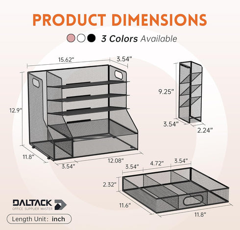 DALTACK Mesh Desk Organizer, 5-Tier Paper Letter Tray with File Holder, Pen Holder & Sliding Drawer for Office