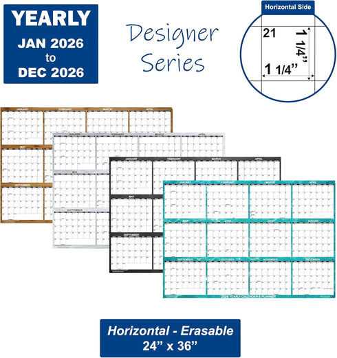 SwiftGlimpse 2026 Wall Calendar, Large 24" x 36" Designer Series, Yearly Erasable Wall Planner (Chalkboard)