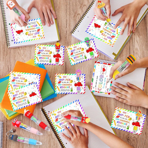CZWZ 30 Set 4-in-1 30 Cute Multicolor Pens in One Fun Pens Bulk with Gift Cards for Kindergarten Party End of Year