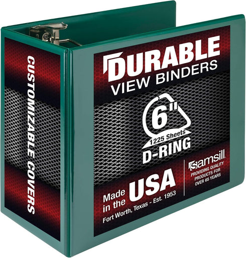 Samsill Durable 6 Inch Locking D Ring Binder, Made in The USA, Customizable Clear View Cover, Green, Holds 1225 Pages
