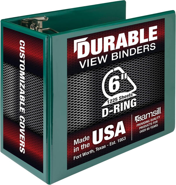 Samsill Durable 6 Inch Locking D Ring Binder, Made in The USA, Customizable Clear View Cover, Green, Holds 1225 Pages