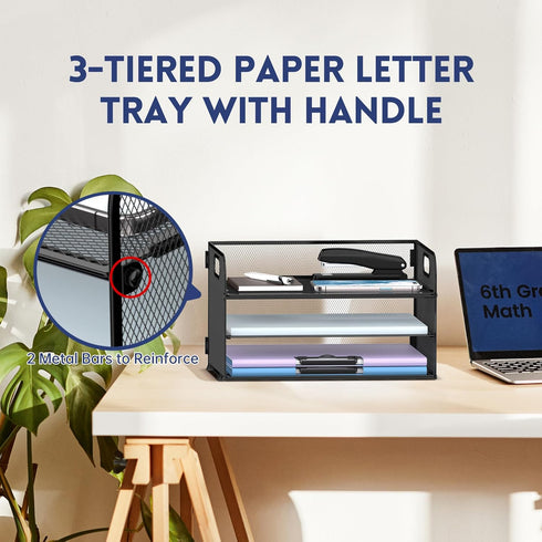 Supeasy 3 Tier Paper Organizer with Handle, Mesh Desk Organizer Letter Tray for A4 File Folder, Black