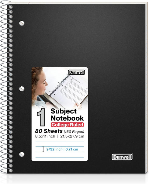 Dunwell College Ruled Spiral Notebook, 1 Subject, 8.5 x 11, Protective Plastic Cover, 80 Sheets, Perforated Pages