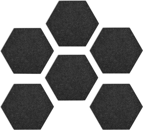 Navaris Hexagon Felt Board Tiles - Set of 6 Notice Memo Bulletin Boards with Push Pins, 5.9 x 7 inches (Dark Grey)