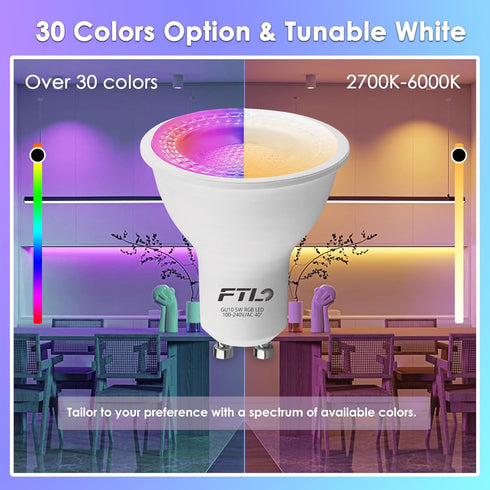 FTL GU10 Color Changing LED Bulbs with Remote Control, Dimmable 2700K-6000K, 5W 40W Equivalent, 30 Colors, 6 Pack