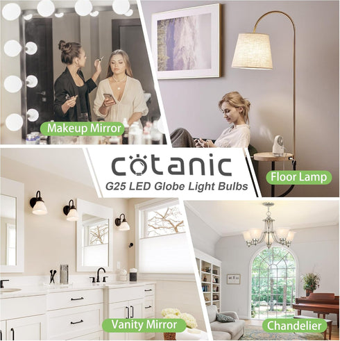 G25 Bulbs,E26 Base,5W,60 Equivalent,500LM,Non-Dimmable, 12 Pack Bulb 4000K Cotanic LED Globe Light Standard Watt