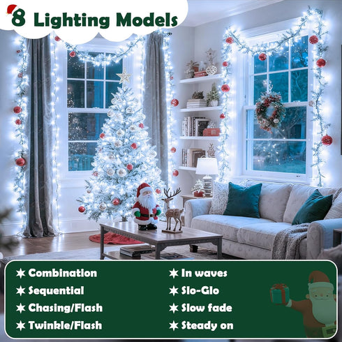 132FT 400 8 Christmas String Lights LED Cool White Dark Green Wire, Indoor Outdoor Waterproof Fairy Lights with Modes