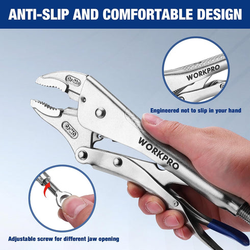 2-Piece Set, 6.5 Inch 10 Inch WORKPRO Locking Pliers Long Nose & Curved Jaw, CR-MO Steel Construction with Adjustable