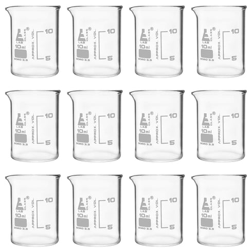 EISCO 12PK Beakers, 10ml Low Form with Spout, White Graduations, Borosilicate 3.3 Glass