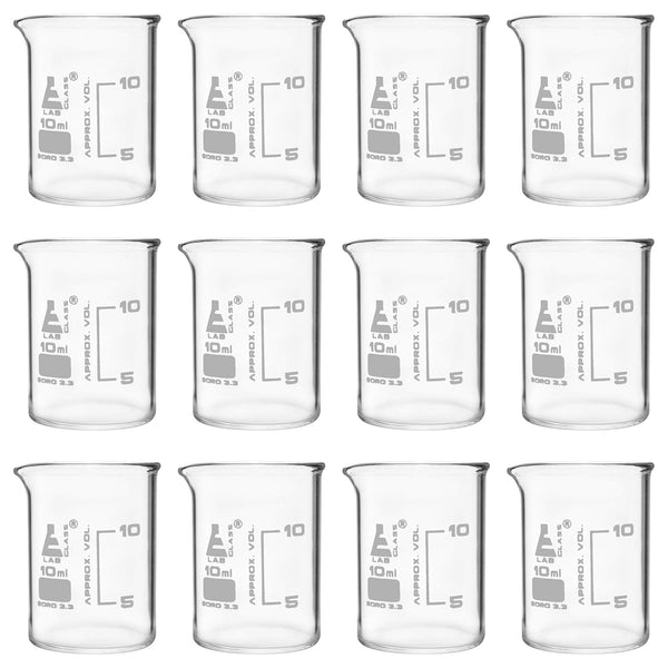 EISCO 12PK Beakers, 10ml Low Form with Spout, White Graduations, Borosilicate 3.3 Glass