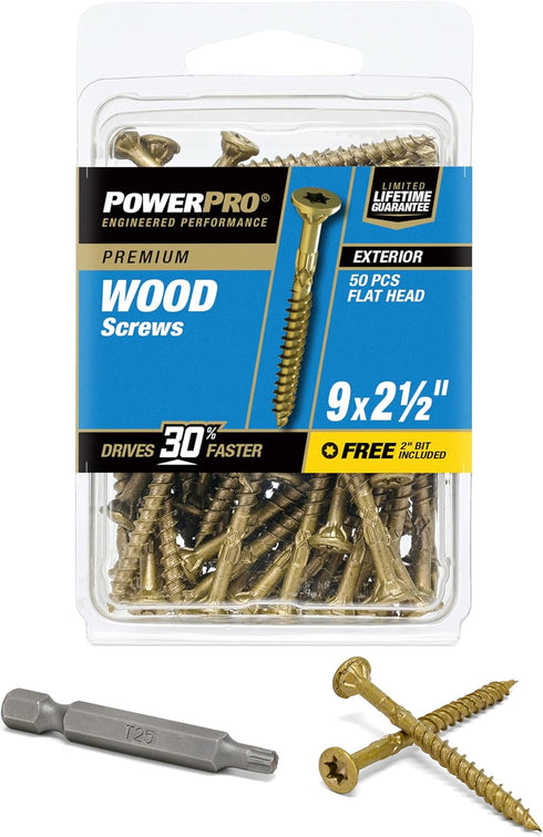 Power Pro 42481 Wood Screws - #9 x 2-1/2", Epoxy Coated, Coarse Thread, Outdoor Rust Resistant, 50pcs