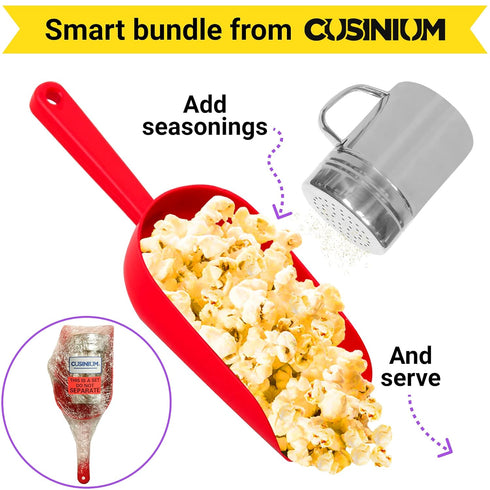 CUSINIUM Red Popcorn Scoop with Plastic Cap and Salt Shaker - Popcorn Concession Supplies Bundle