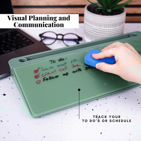 Birch Desktop Whiteboard with Storage & Multiple Markers, Glass Dry Erase Board, Notepad, Tabletop Desk Whiteboard