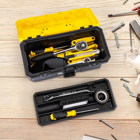 14 Inch 2-Layer 16lb Tool Box with Lock, Heavy-Duty Organizer with Removable Tray, Liftable Lid for Small Parts