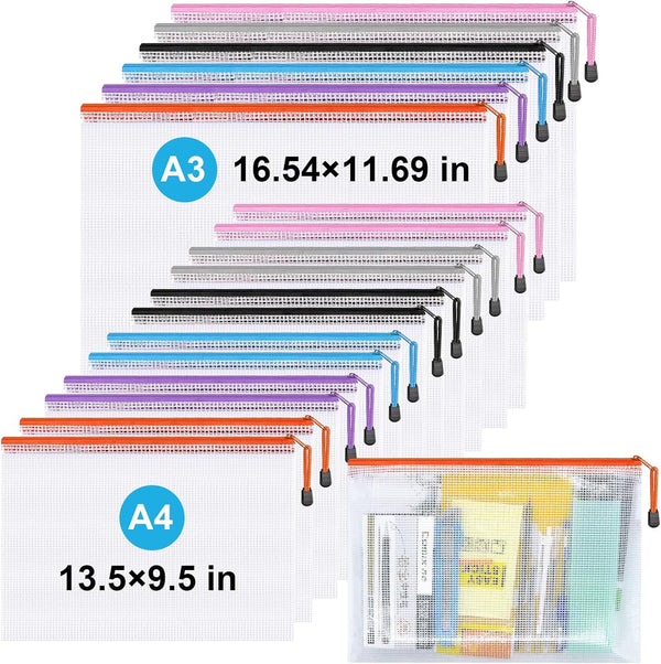 Mesh Zipper Pouch, Waterproof Zipper Bags, 18pcs Document Folders for School Office Supplies and Puzzle Storage