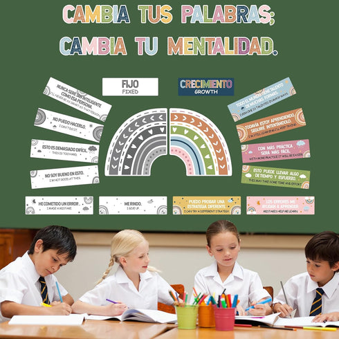 gisgfim 34 Pcs Spanish Boho Rainbow Growth Mindset Posters and Banners for Classroom Bulletin Board Decor