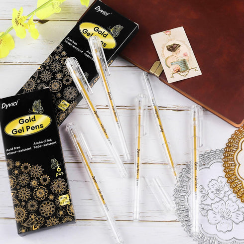 Dyvicl 6 Set Gold Gel Pens, 0.8 mm Fine Metallic Gold Pens for Black Paper Drawing, Sketching, Illustration, Journaling