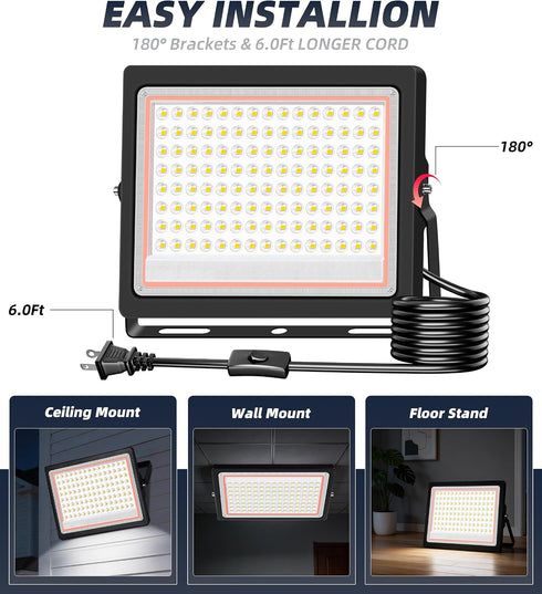 120W 14400LM 6ft 5000K IP66 2 Pack TigQiang Plug in Flood Light Outdoor, Brighter Exterior Security Lights Floodlight