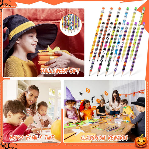 Yexiya 120 Pieces Halloween Pencil Bulk - Cute Wooden Pencils with Eraser and Assorted Patterns for Kids
