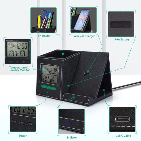 Pen Holder and Organizer for Desk with Wireless Charger, Digital Indoor Thermometer and Humidity Gauge