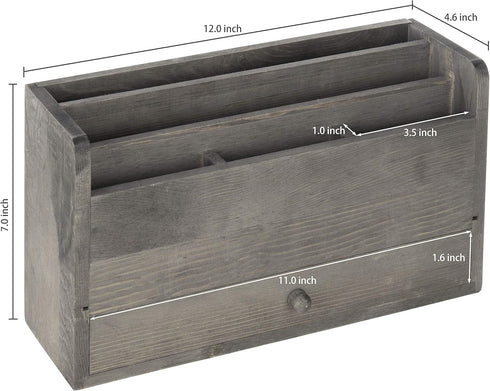 MyGift Rustic Gray Solid Wood Office Desk Organizer, 5 Slot Wooden Mail Sorter with Pull Out Drawer