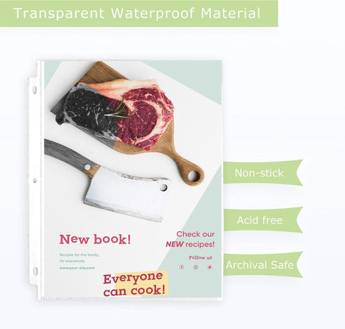 Heavy Duty Recipe Protectors, 30 Pack, Holds Standard 8.5" x 11" Paper, Reinforced Holes