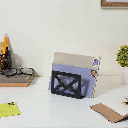 MyGift Black Metal Desktop Mail Holder, Cutout Envelope Design, Home and Office Desk Letter Organizer