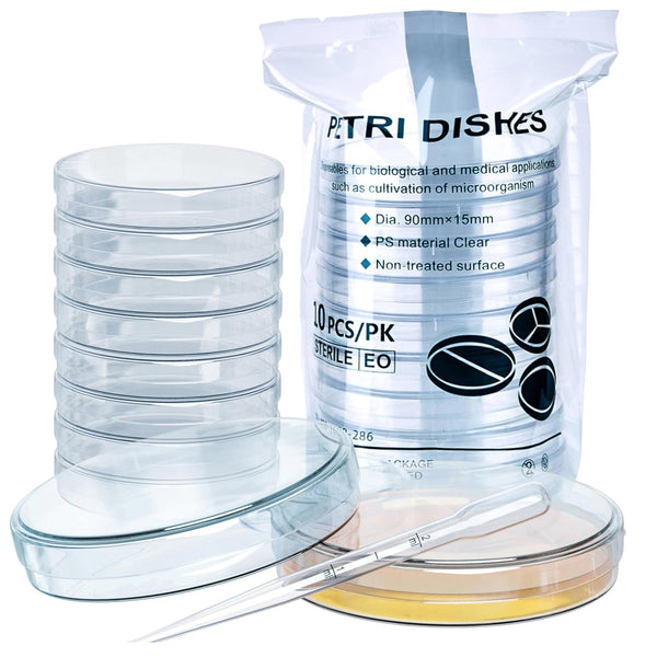 Pack of 20 Sterile Petri Dishes with Lids (90 x 15 mm), 2ml Plastic Pipettes for Lab Analysis