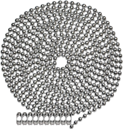 10 Foot Length Ball Chain - Number 10 Size, Nickel Plated Steel with 10 Matching 'B' Couplings