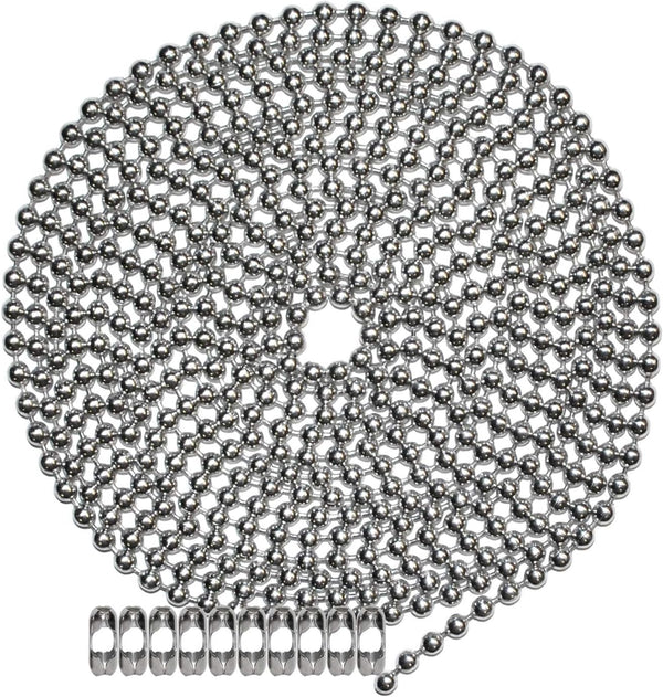 10 Foot Length Ball Chain - Number 10 Size, Nickel Plated Steel with 10 Matching 'B' Couplings