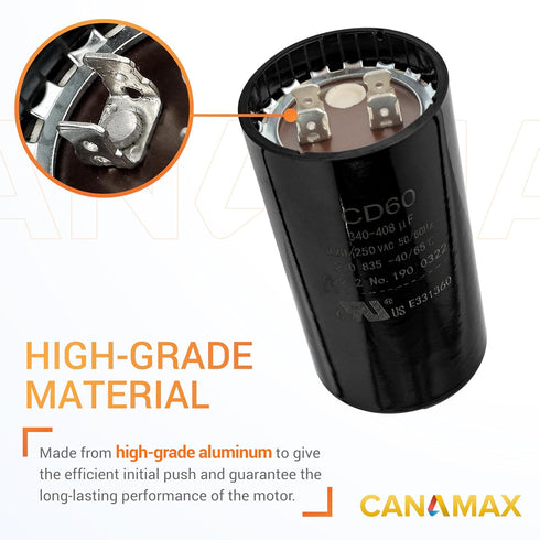 Canamax 340-408 MFD uf 50/60Hz 220-250 VAC Round Start Capacitor for Single-Phase Electric Motors