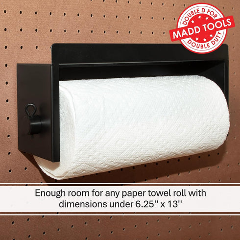 Pegboard Paper Towel Holder with Shelf, MADD Tools Black Pegboard Accessories Tool Holder Organizer, Peg Board