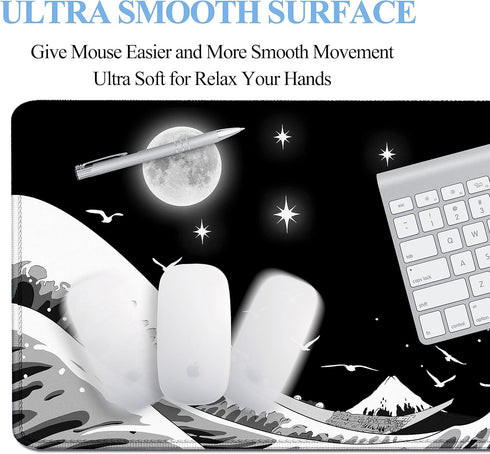 Gaming Mouse Pad, Japanese Black and White Sea Wave Large XXL Extended Desk Mat, 31.06" x 11.8" for Home Office Gaming