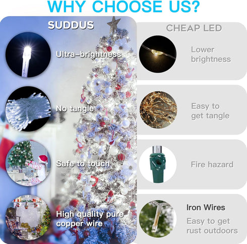 33ft 100 12 suddus LED White String Lights with Timer, Modes Christmas Fairy Lights Plug in, Connectable Indoor/Outdoor