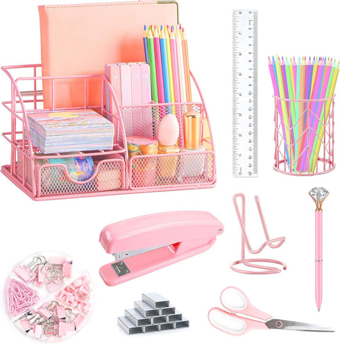 Pink Office Supplies Set with Desk Organizers and Accessories: Stapler, Pen Holder, Phone Holder, Scissors, Ruler, 30