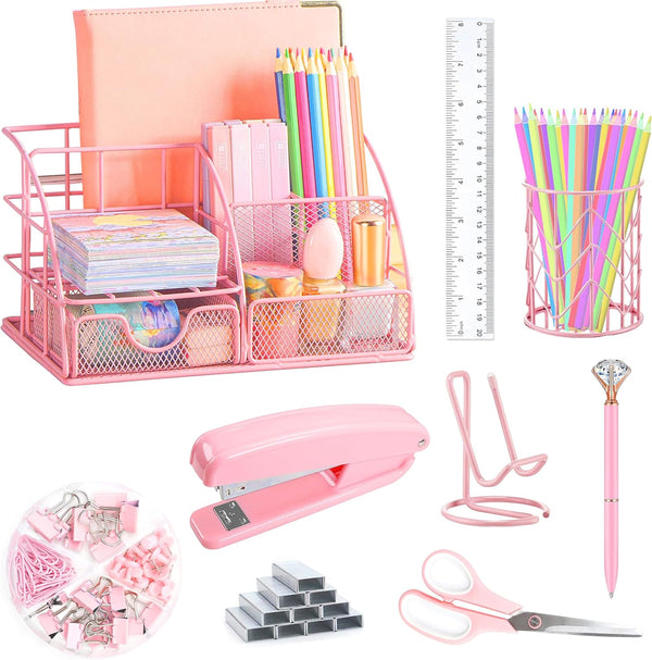 Pink Office Supplies Set with Desk Organizers and Accessories: Stapler, Pen Holder, Phone Holder, Scissors, Ruler, 30