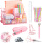 Pink Office Supplies Set with Desk Organizers and Accessories: Stapler, Pen Holder, Phone Holder, Scissors, Ruler, 30