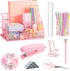 Pink Office Supplies Set with Desk Organizers and Accessories: Stapler, Pen Holder, Phone Holder, Scissors, Ruler, 30