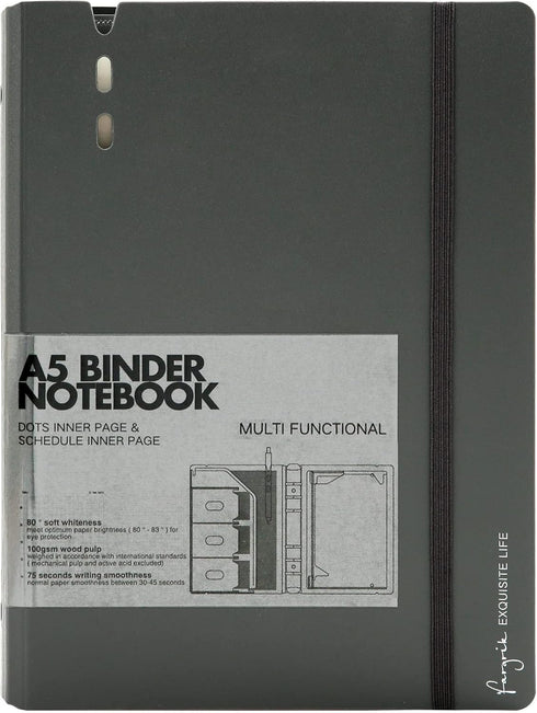 CAGIE A5 6 Ring Binder Notebook with Dividers, Refillable Planner with Pockets, Dark Grey, 7 x 9.25 Inch
