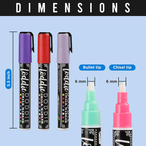 Loddie Doddie Liquid Chalk Markers, Dust Free Chalk Pens, 6mm Reversible Bullet & Chisel Tip, Pack of 16