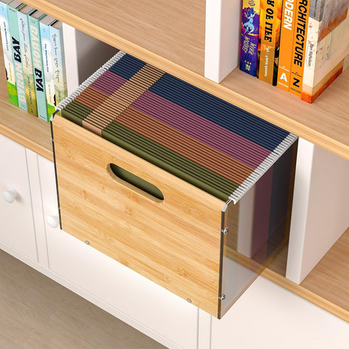 Letter/Legal Bamboo Acrylic File Box Organizer, Decorative Document Crate with Handle for Home Office Desk