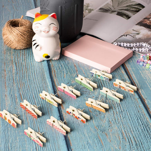 Whaline Push Pins with Colorful Wooden Clips, 50 Pack Decorative Craft Paper Clips