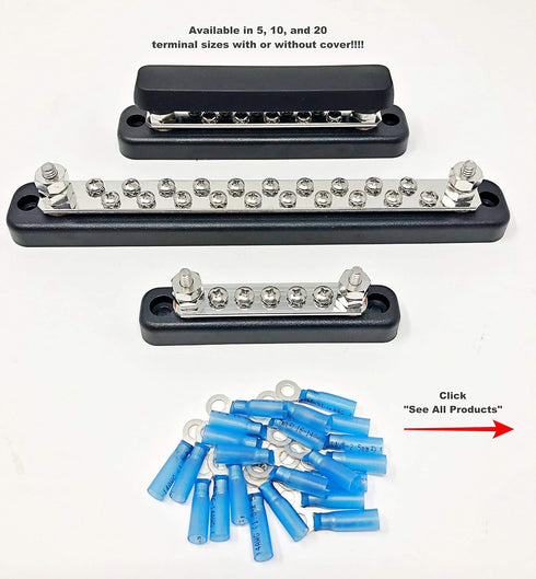 10 Terminal Bus Bar Kit for Power and Ground Distribution, Heat Shrink Ring Terminals and Cover Included