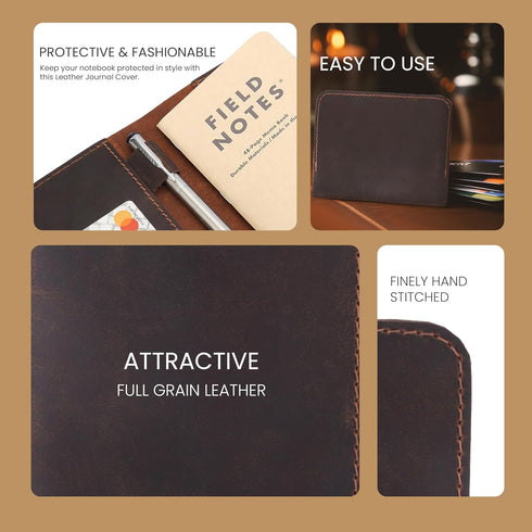 Leather Journal Cover for Field Notes, Cahier Notebook Cover, Wallet Case, 3.5 x 5.5 in., Handmade