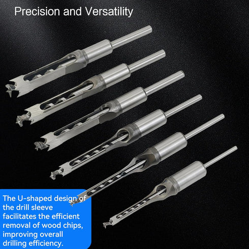 6pcs Square Hole Mortise Chisel Drill Bit Tools, 5/8" 9/16" 1/2" 3/8" 5/16" 1/4" for Precise Woodworking Applications