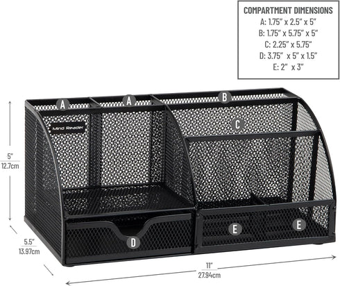 Mind Reader Desktop Organizer, File Storage, Accessory Storage, Metal Mesh, 11" L x 5.5" W x 5" H, Black
