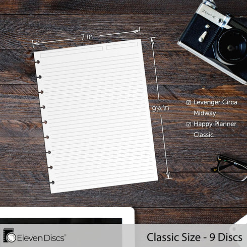 Classic Size Discbound Paper - Ruled/Lined Sheets, Premium 120gsm Heavyweight Notebook & Planner Refills, 9 Discs, 7 x