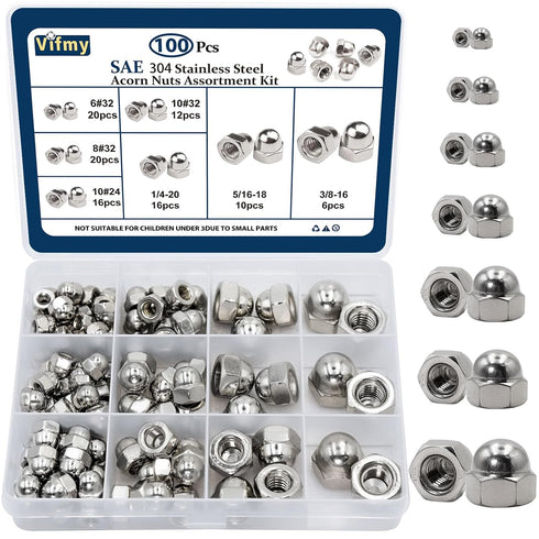 Vifmy 304 Stainless Steel Acorn Nuts Assortment Kit(100PCS), 6#32 8#32 10#24 10#32 1/4"-20