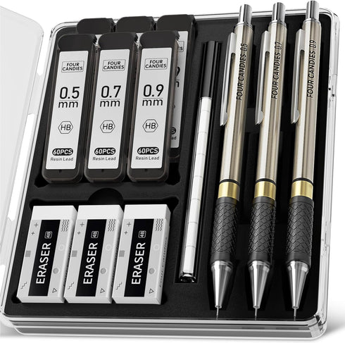Four Candies Metal Mechanical Pencil Set - 3PCS 0.5, 0.7, 0.9 mm Art Pencils with 360PCS HB Lead Refills & Case
