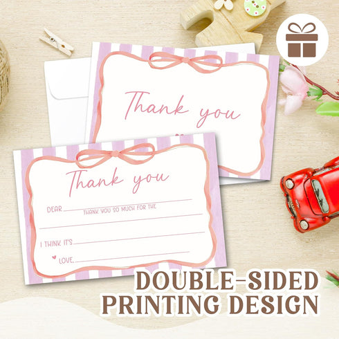 BWTRVL Set, B05 Kids Thank You Cards with Envelopes, Pink Ribbon Theme Fill in the Blank Thank You Notes for Kids